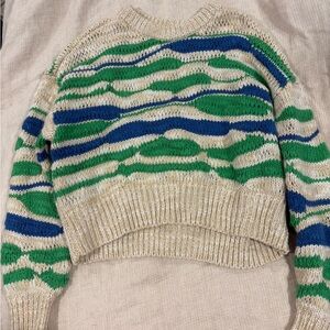 aerie Cropped Crewneck Sweater in Cream, Green & Blue